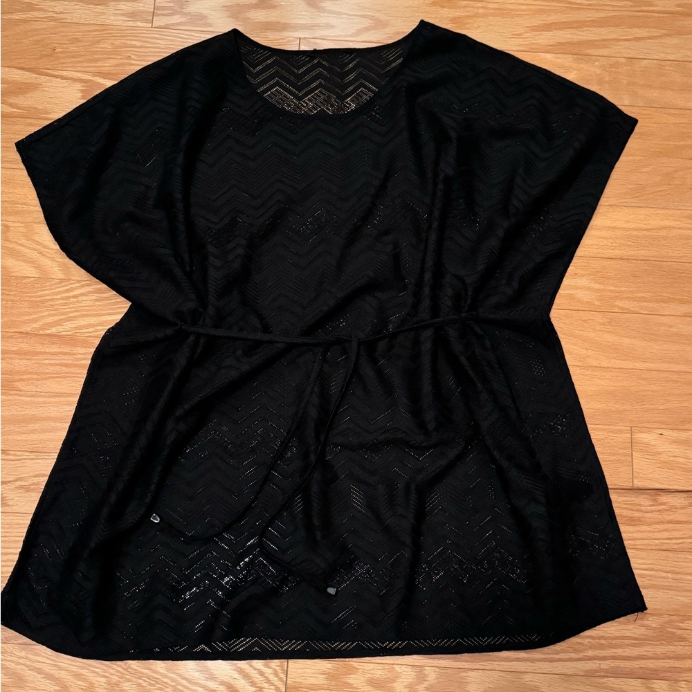 New black OSFM knit/mesh tie belt swim cover up or tunic top